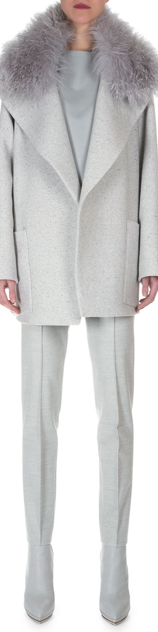 Akris Double-Faced Speckled Short Coat, Napa Leather Paneled Combo Top, Stretch Flannel Pleated Slim Pants 