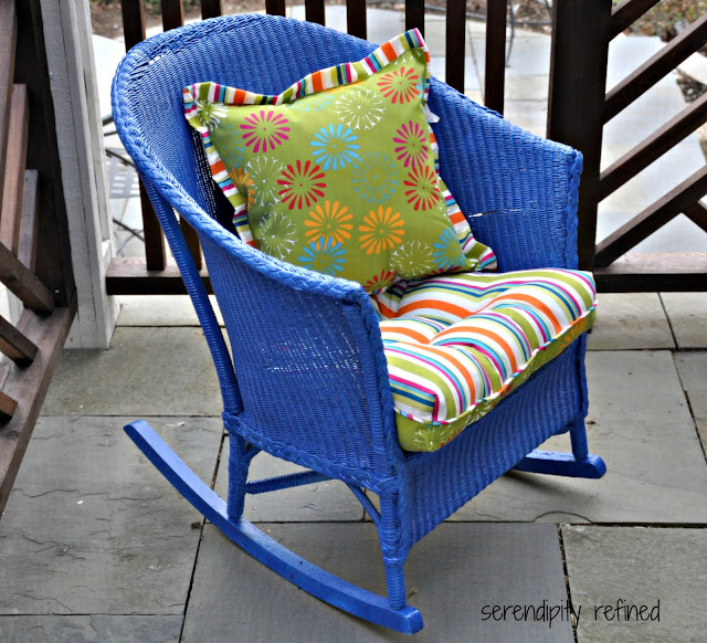 Spray painted brightly colored wicker Patio furniture makeover
