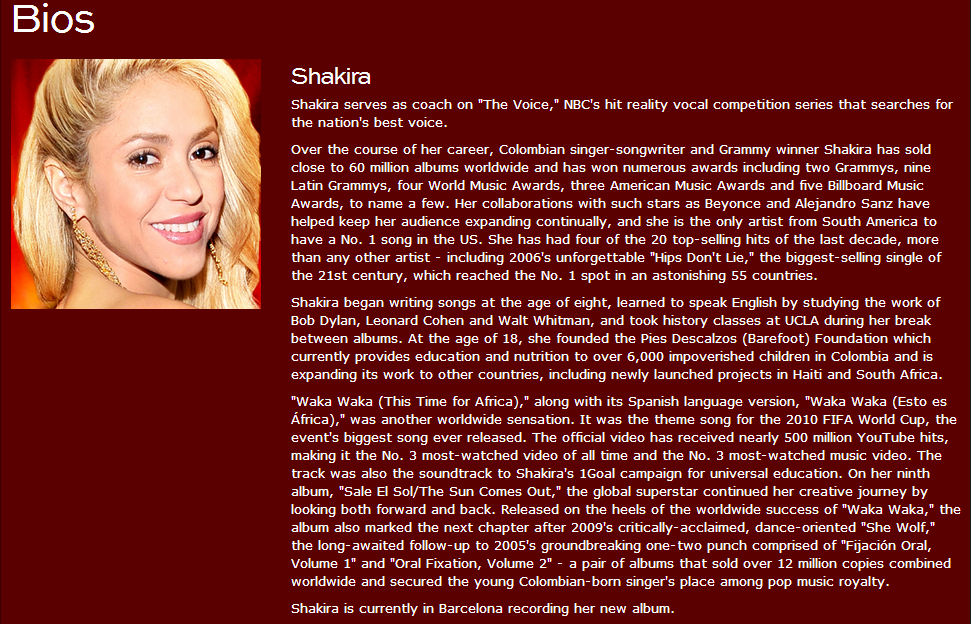 Shakira Y Mas: Foto: Biografia de Shakira en la pagina oficial de "The