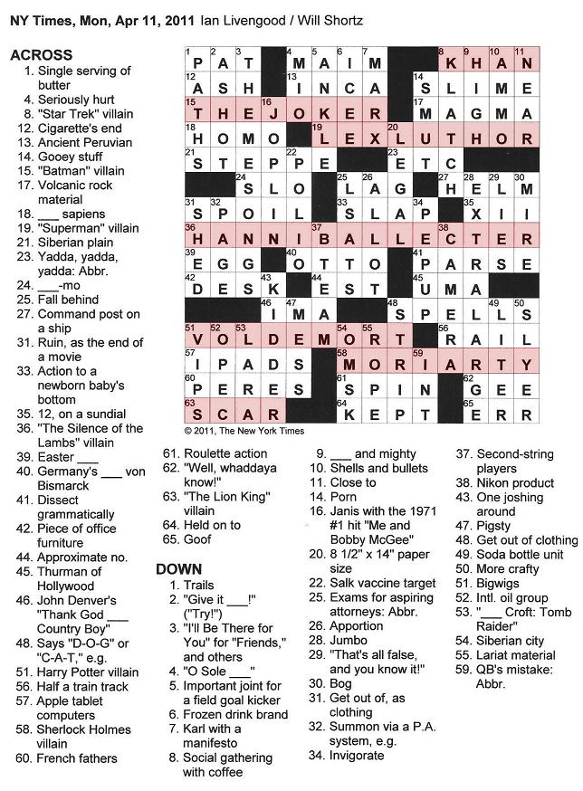 The New York Times Crossword in Gothic 04.11.11 — Malevolent Monday