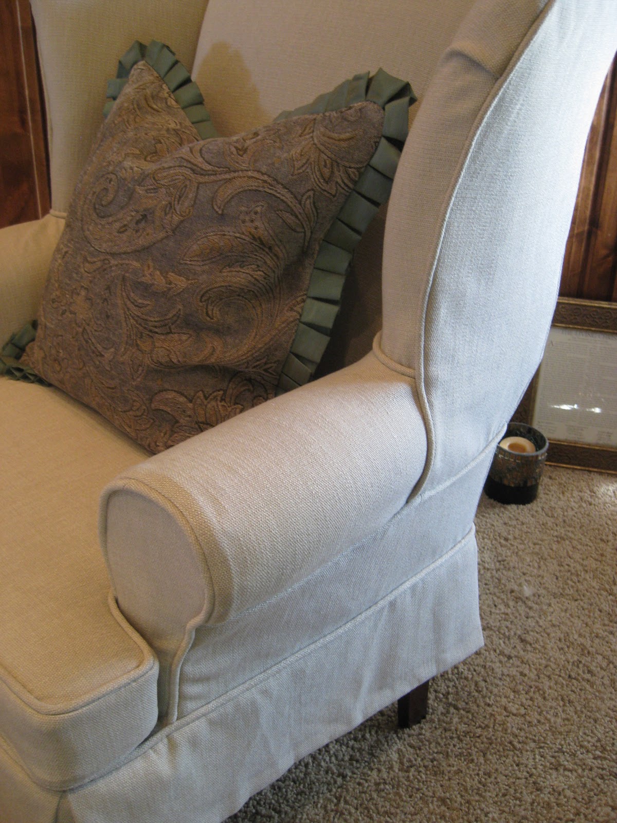 Custom Slipcovers by Shelley Pair of wingbacks and a round ottoman