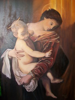 Madonna di Loreto di Caravaggio - riproduzione con tecniche antiche su mestica