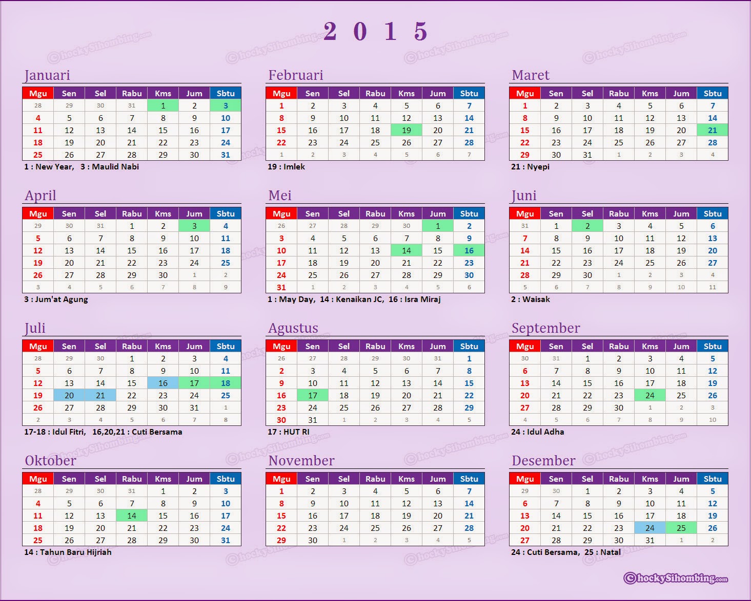 Kalender 2015 Jawa dan Hijriyah