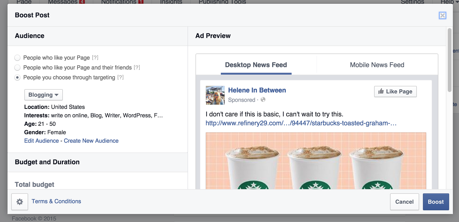 Facebook Boosted post example