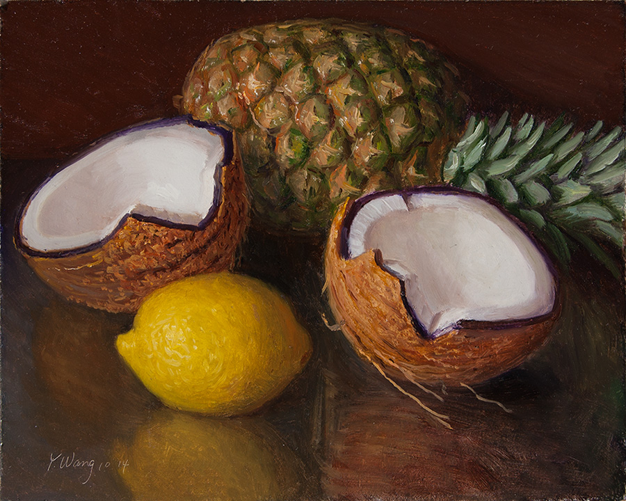 Wang Fine Art coconut pineapple and lemon still life daily painting a
