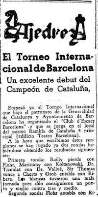 Recorte de prensa sobre el inicio del Torneo Internacional de Ajedrez Barcelona 1935