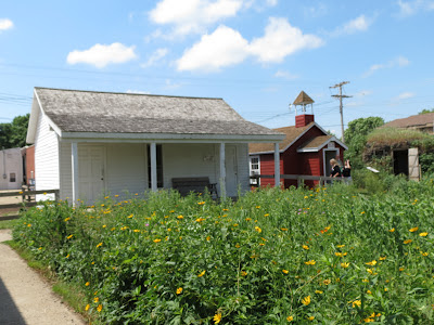 Replica settler's house and schoolhouse at the Laura Ingalls Wilder Museum, with prairie wildflower meadow in foreground.