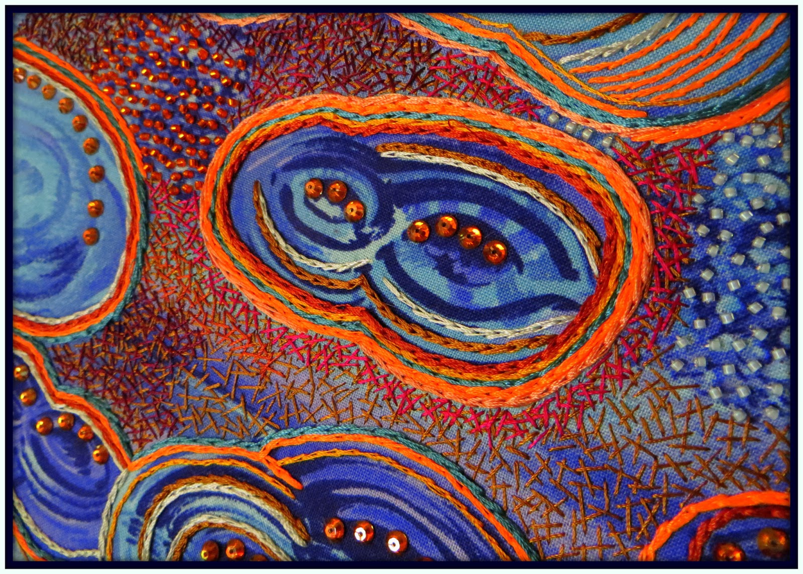 Beads for brains and threads for veins embroidery on printed fabric