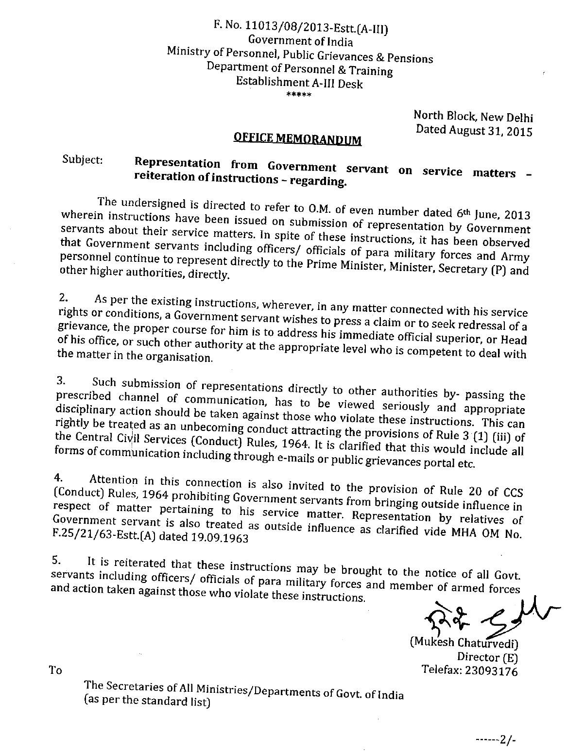 Representation from Govt Servant to PM, other higher authorities