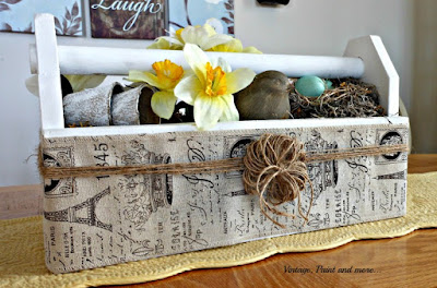 Vintage, Paint and more... vintage toolbox wrapped with French burlap ribbon and twine for a Spring table centerpiece