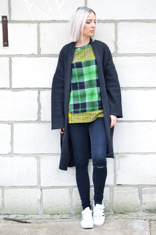 Belgian fashion blogger: Mango wool cardigan, Asos geometric top, oversized, green yellow, black ripped skinny, jeans, high waisted, asos ridley, adidas supercolor superstar w5 sneakers, street style inspiration, trends spring 2015
