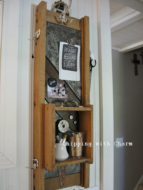 Chipping with Charm:  Getting Organized with Junk, Kraut Cutter turned Memo Station...http://chippingwithcharm.blogspot.com/