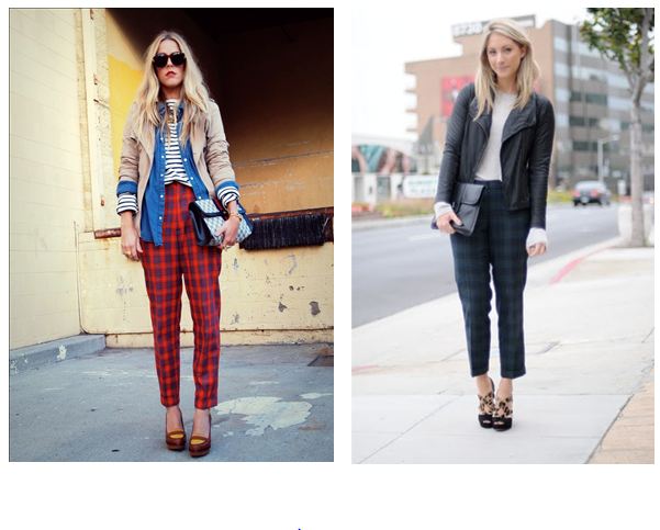 Beth of B Jones Style in red plaid pant (L) and Emily from Cupcakes & Cashmere in green and black plaid ankle trousers (R)