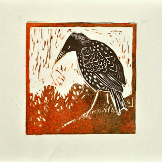 Starling bird linocut 