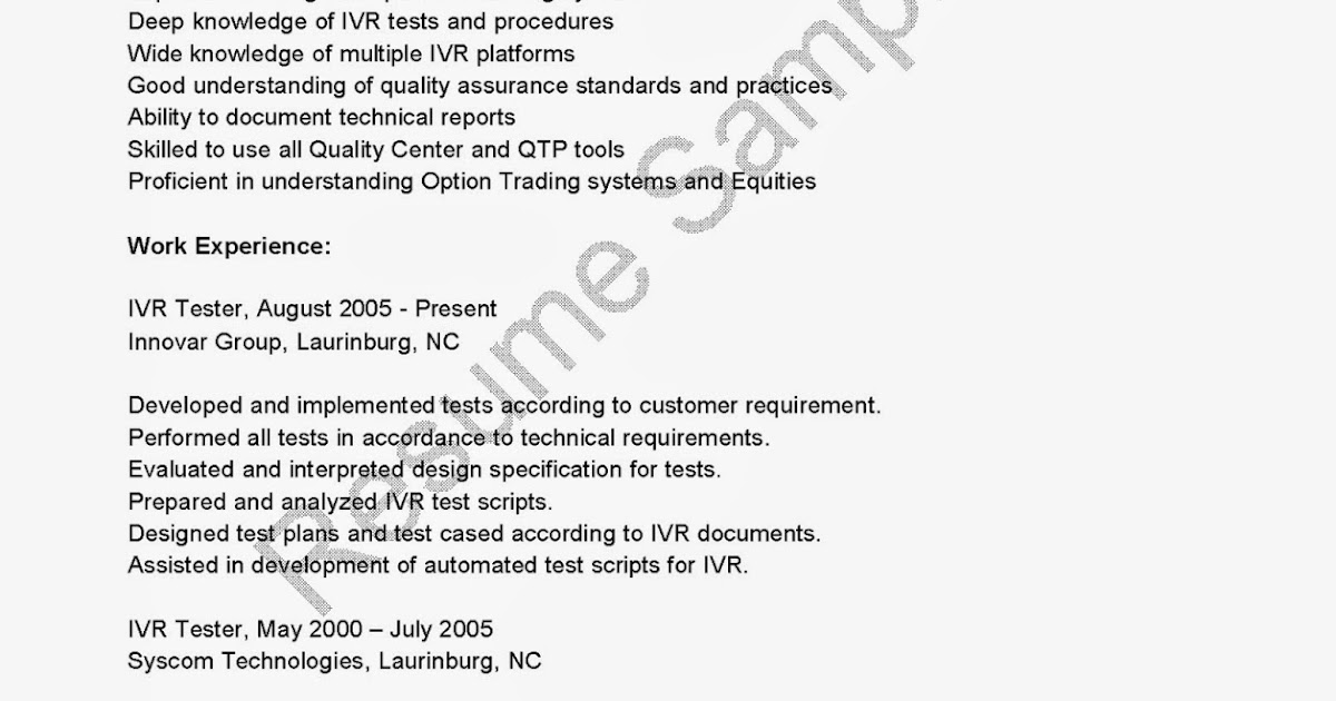 Resume Samples IVR Tester Resume Sample