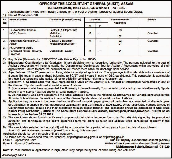 Auditor Jobs in the Office of Accountant General (Audit), Assam, 2015