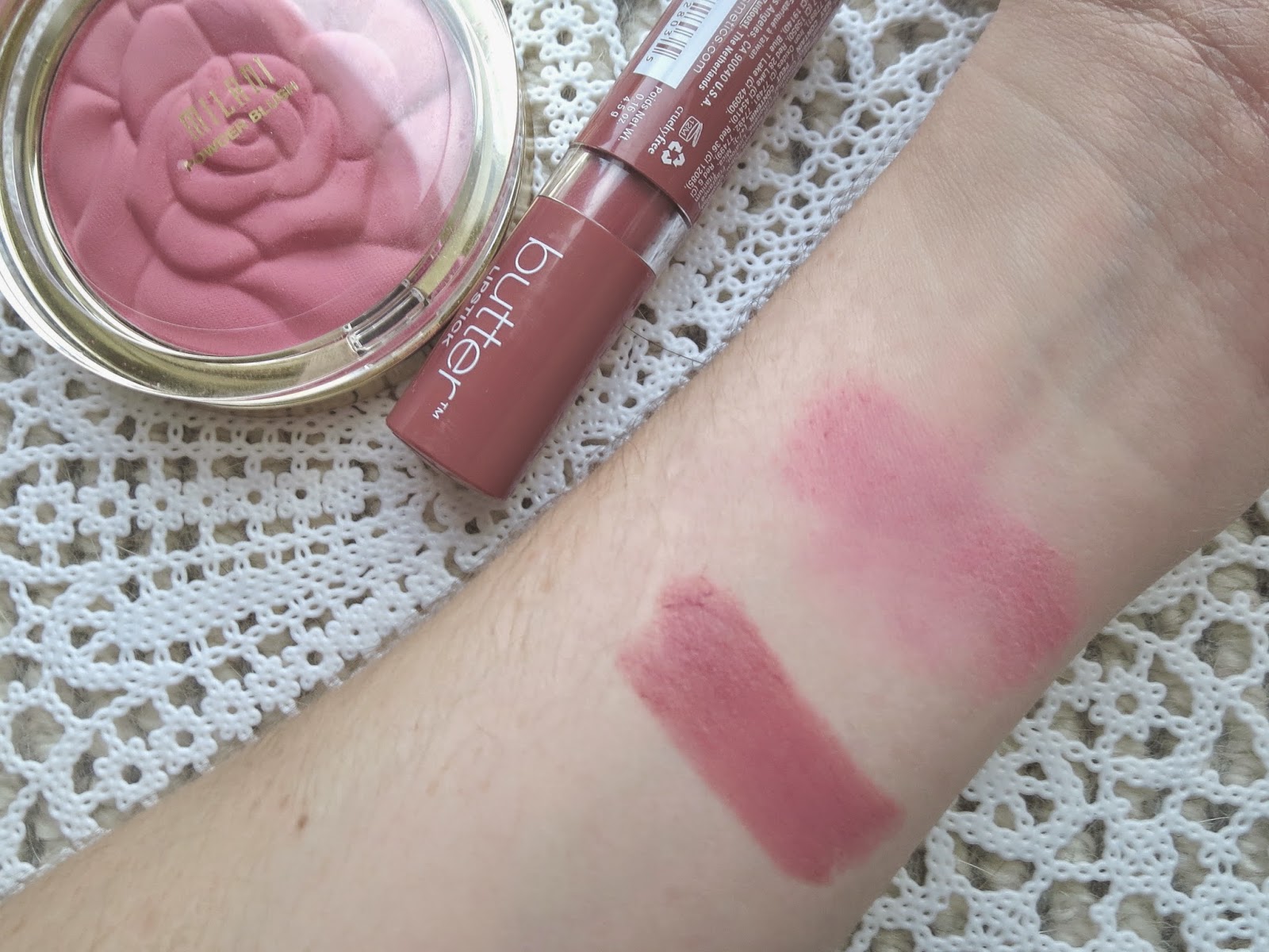 a picture of NYX Butter Lipstick in Pops & Milani Rose Powder Blush in Tea Rose (swatch)