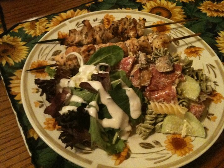 Dinner....1 day at a time Chicken Kabobs, Creamy Italian Pasta Salad and Green Salad with Ranch