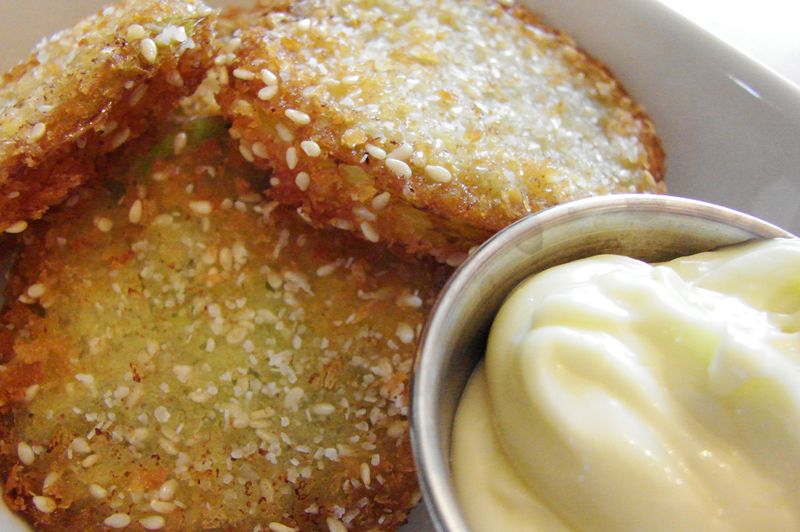 Sesame and Panko Crusted Fried Green Tomatoes With Wasabi Mayonnaise