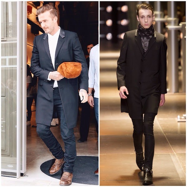 David Beckham wears Saint Laurent by Hedi Slimane leather collar coat at Victoria Beckham store opening September 2014
