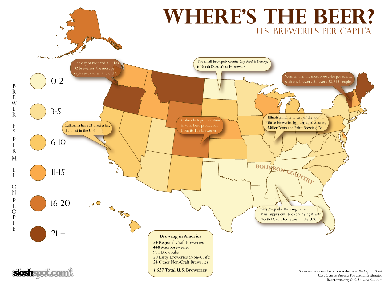 this is a thematic map of the united states showing the amount of beer breweries per capita in each state this map uses categories shown by shade of this is a thematic map of the united states showing the amount of beer breweries per capita in each state this map uses categories shown by shade of