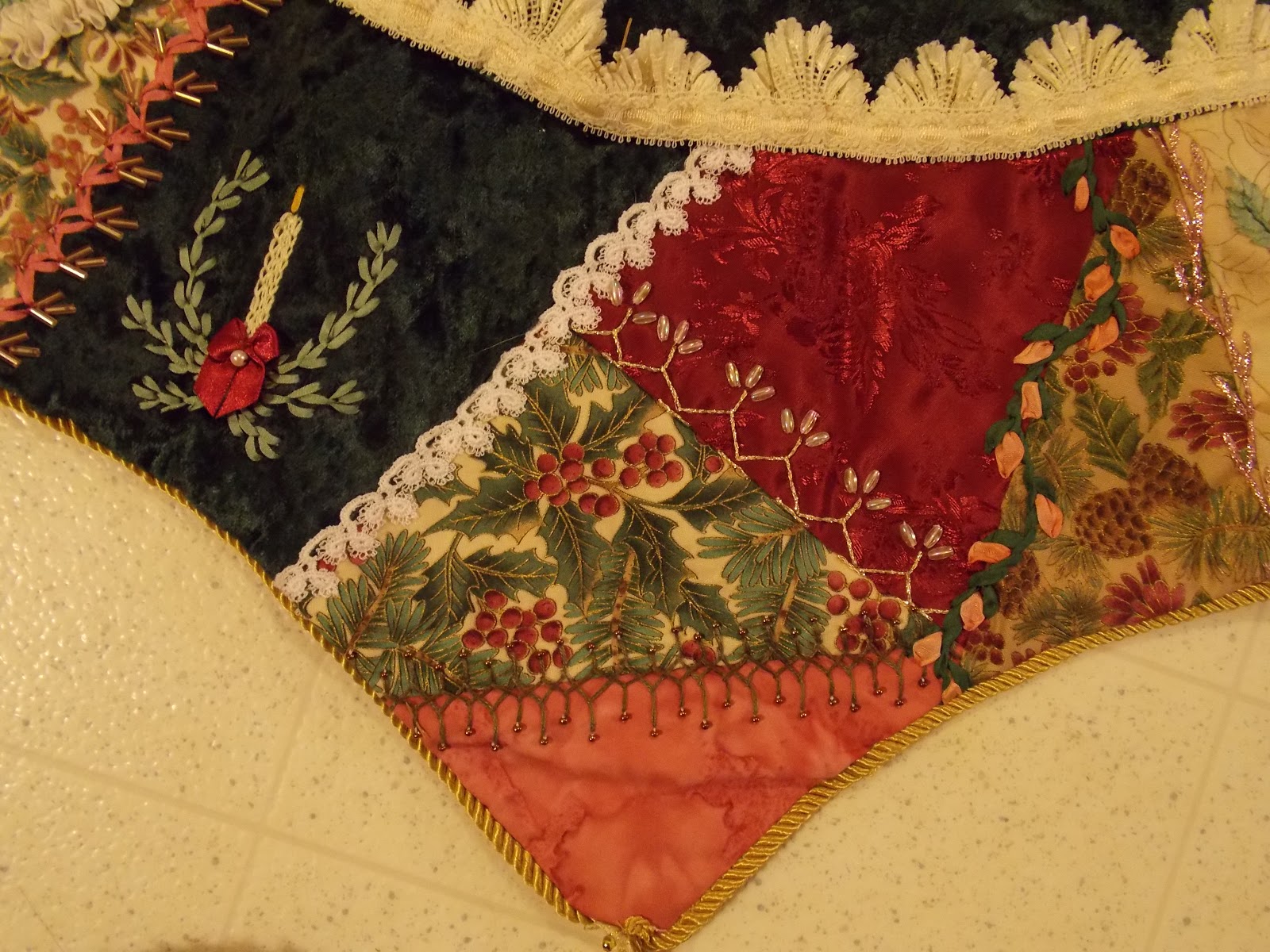 The Beaded Needle Crazy quilted tree skirt