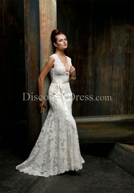 Mermaid V-Neck Floor Length Attached Alencon Lace #Wedding #Dress 