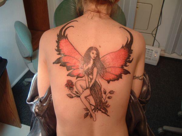 3d red angel tattoo on full back