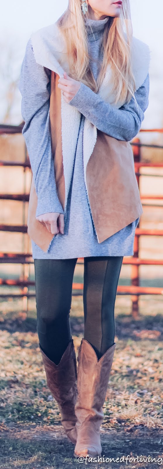 Fashioned For Living: olive green leggings outfit - sweater dress,  shearling vest and tall cowgirl boots