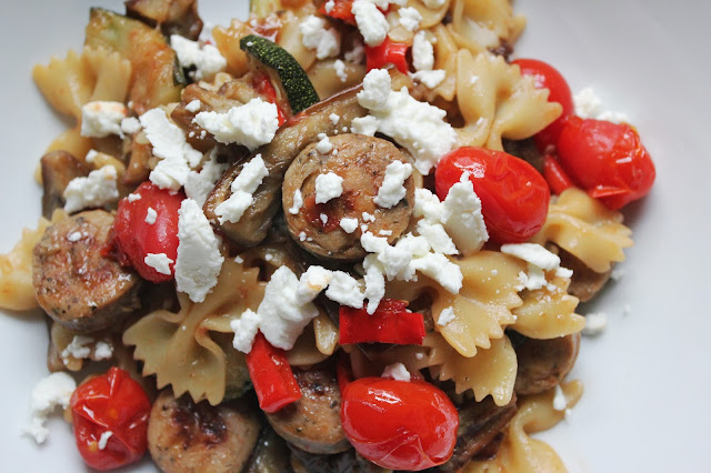 Farfalle with roasted summer vegetables and chicken sausage