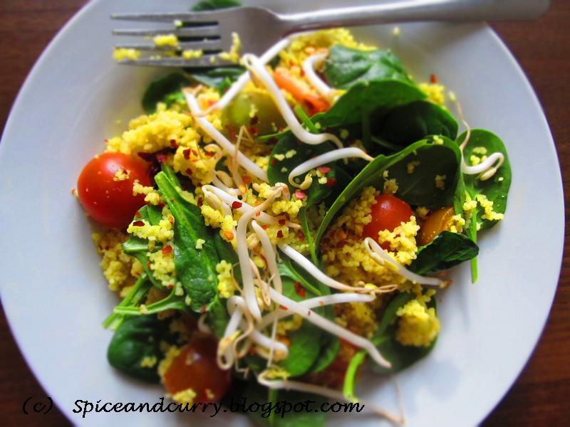 Spice and Curry Baby Spinach Bean Sprouts Cherry Tomatoes Couscous Salad