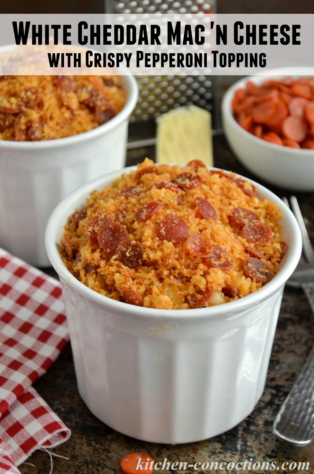 White Cheddar Mac 'n Cheese with Crispy Pepperoni Topping {Pepperoni