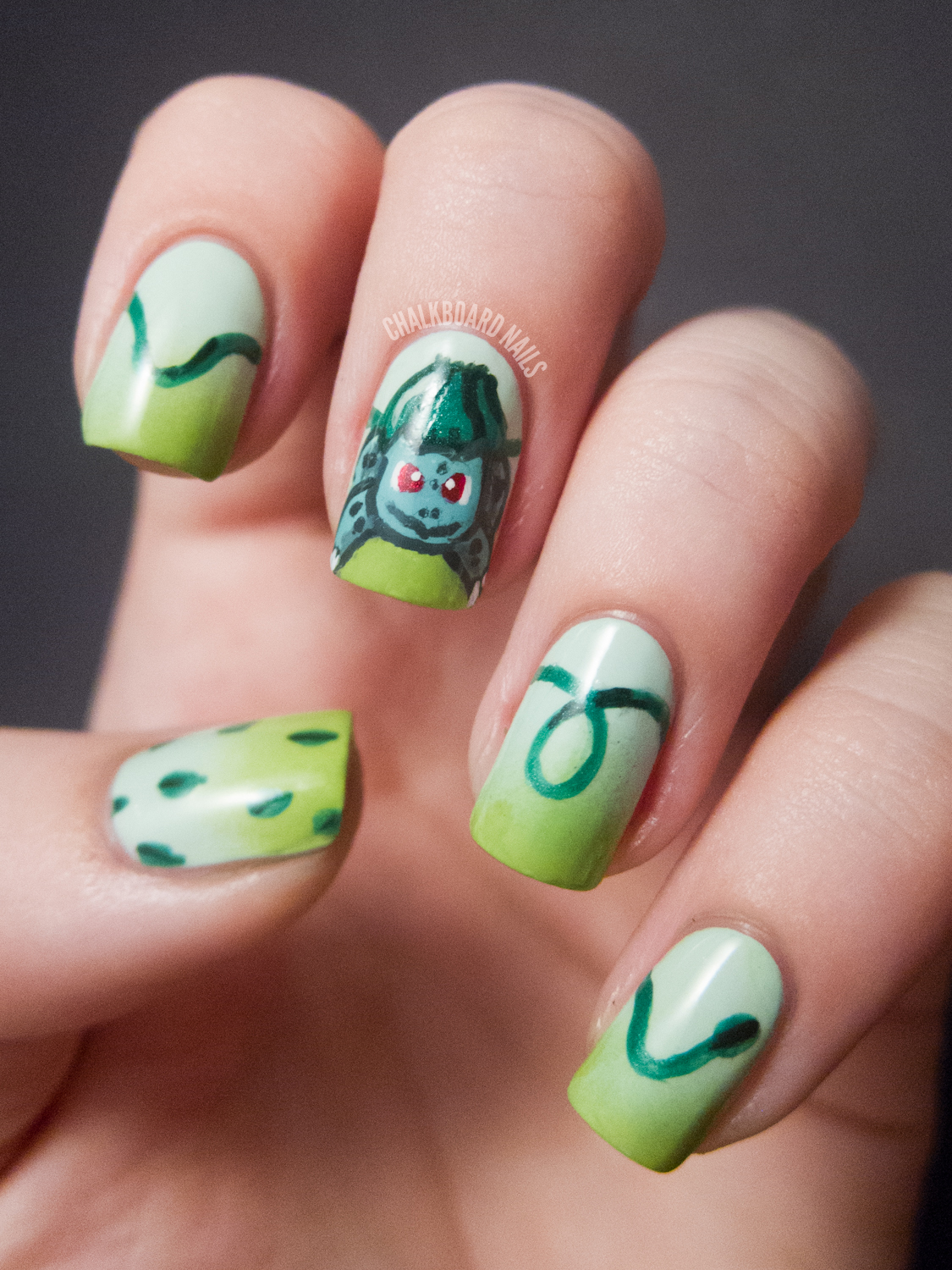 31DC2012 Day 04, Green Nails (BULBASAUR!) Chalkboard Nails Nail