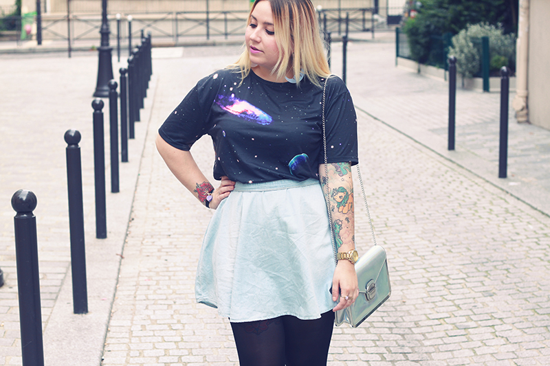 look top galaxy tattoos denim skirt