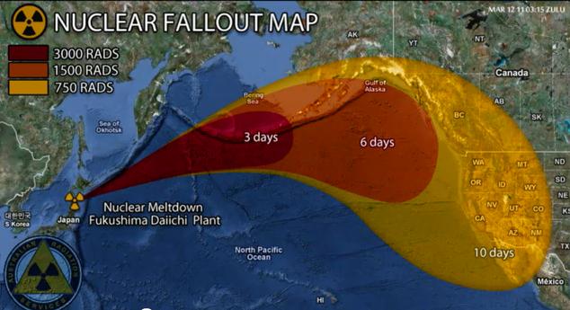 Ausbreitungszone einer möglichen radioaktiven Wolke von Japan aus