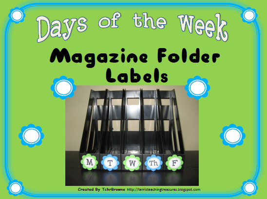 http://www.teacherspayteachers.com/Product/Days-of-the-Week-Magazine-Folder-Labels-Turquoise-and-Lime-Green-307033