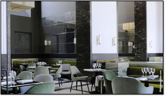 Restaurant Monsieur Bleu Paris Palais Tokyo déco verte Yves Klein, chef  Benjamin Masson architecte Joseph Dirand