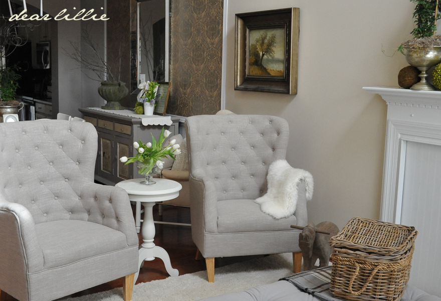 Dear Lillie New Tufted Chairs, Nest Pillows with Blue Eggs and He Has