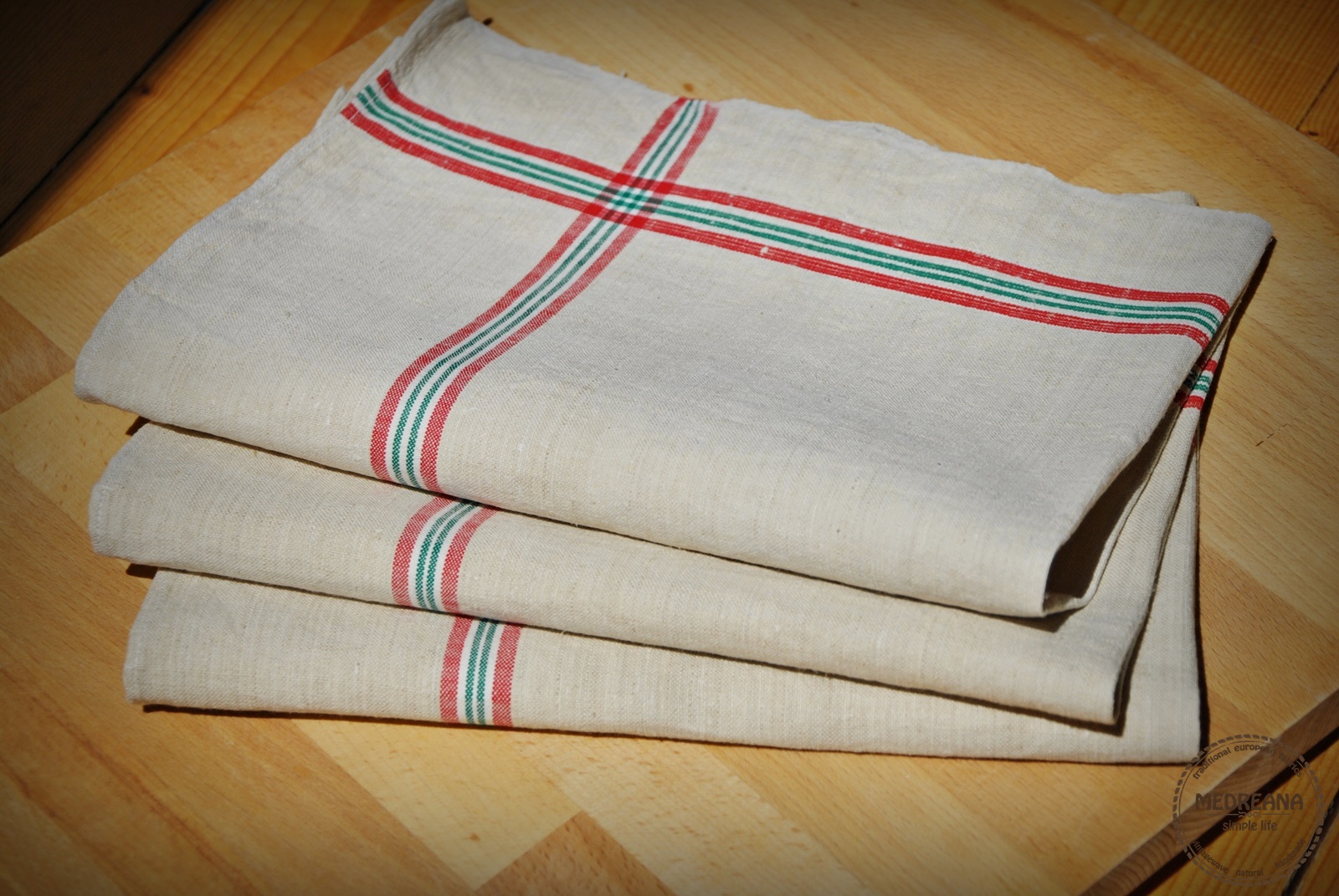 Medreana: Set of 3 vintage kitchen towels - red and green stripes