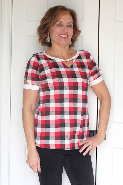 Indiesew Neptune tee with triangle cutouts using a plaid knit 