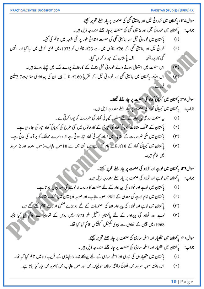 industrial-development-in-pakistan-short-question-answers-pakistan-studies-urdu-9th