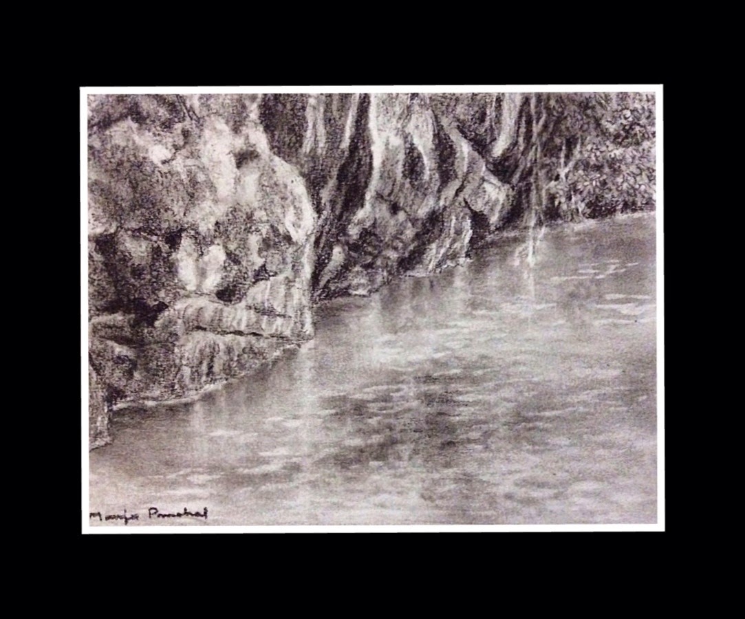 Charcoal painting of rocks, water and reflections by Manju Panchal