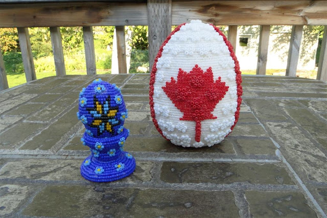 Beaded Easter Eggs, Right One is Canadian Flag, Handmade by Daria Iwasko, USA