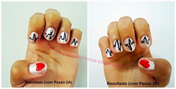 Unhas com batimento cardíaco nail art romântica