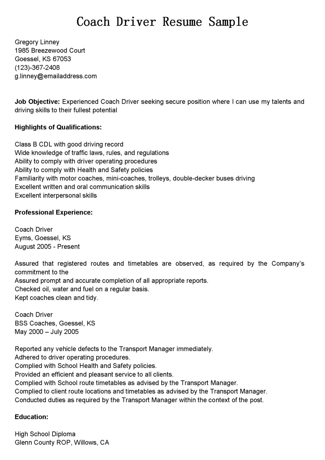Driver Resumes: Coach Driver Resume Sample