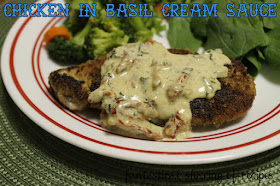 Chicken in Basil Cream Sauce - crunchy chicken breast smothered in a rich, creamy basil & sundried tomato sauce #recipe #chicken