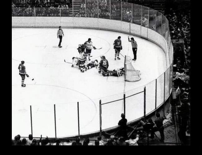 Vs. Pittsburgh: With Caps strewn all over the ice like bowling pins, the referee says NO, you may NOT try and pick up the spare (3/19/76) 