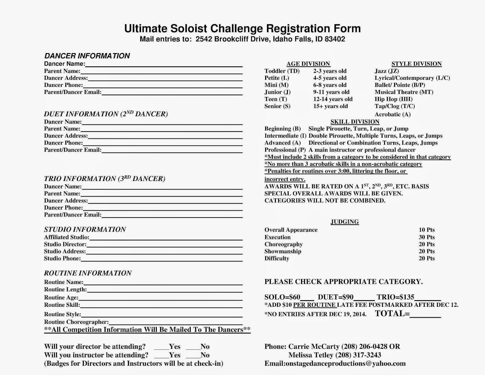 Onstage Dance Competitions Registration Forms