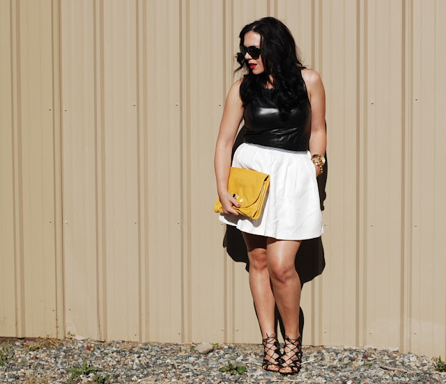 Vancouver fashion blogger,Leather peplum top, white tulip skirt and Marc by Marc Jacobs clutch and Michael Kors Watch.