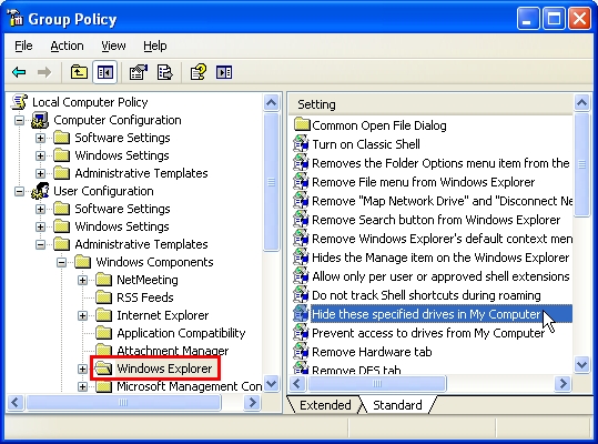 Hide Hard Disk Partition in Windows Navigate to User Configuration > Administrative Templates > Windows Component > Windows Explorer